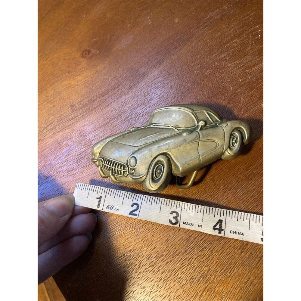 vintage BBB Brass Chevy Corvette Belt Buckle Racing Car 1970s Chevrolet
